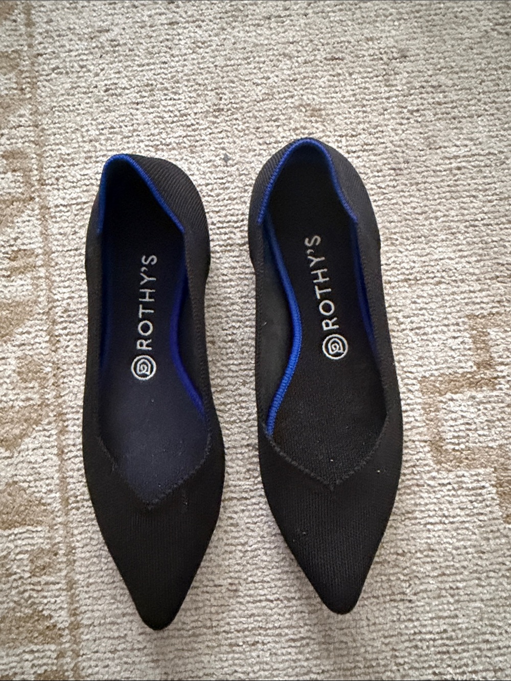 Rothy's Black Knit Pointed Toe Flats with Blue Trim - Size 9.5